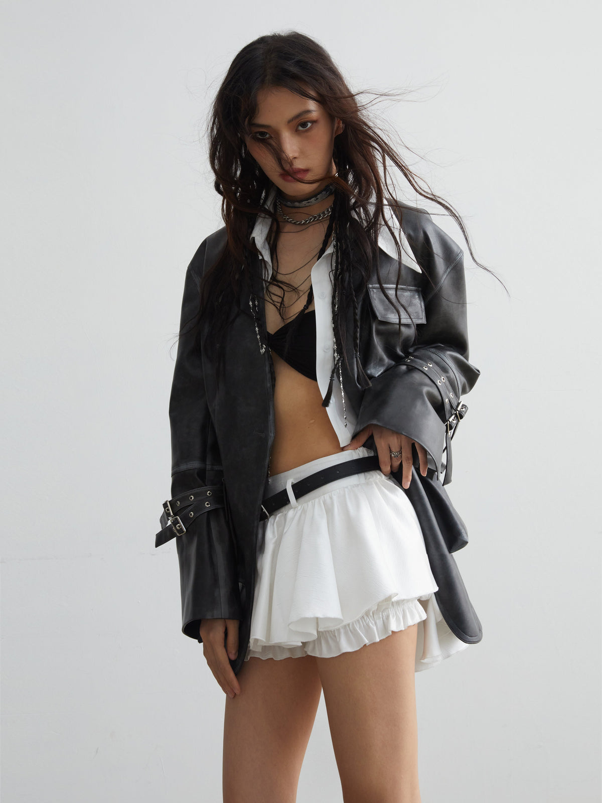 Ruffled Mini Skirt With Belt Embellishment