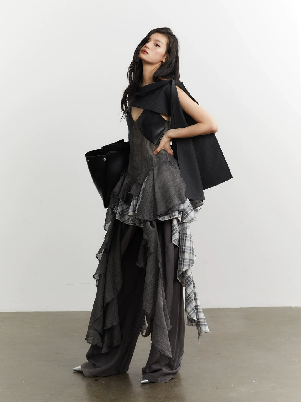 Noir Plaid Ruffle Cascade Dress