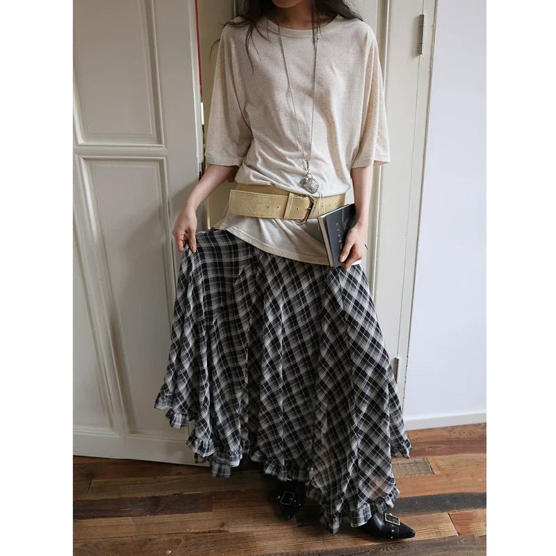 Plaid Chiffon Asymmetric Hem Skirt