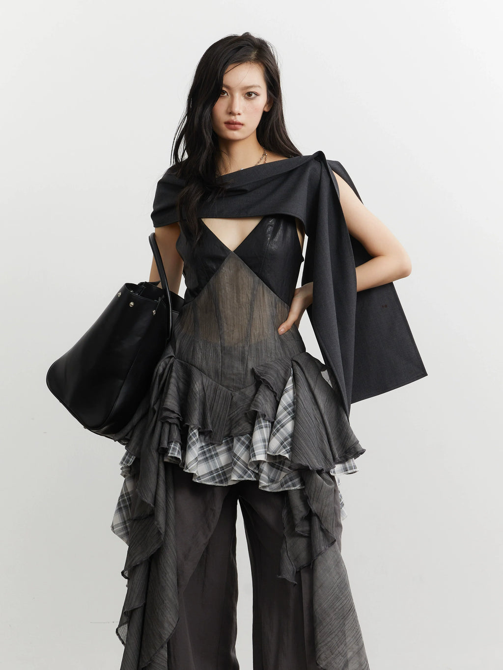 Noir Plaid Ruffle Cascade Dress