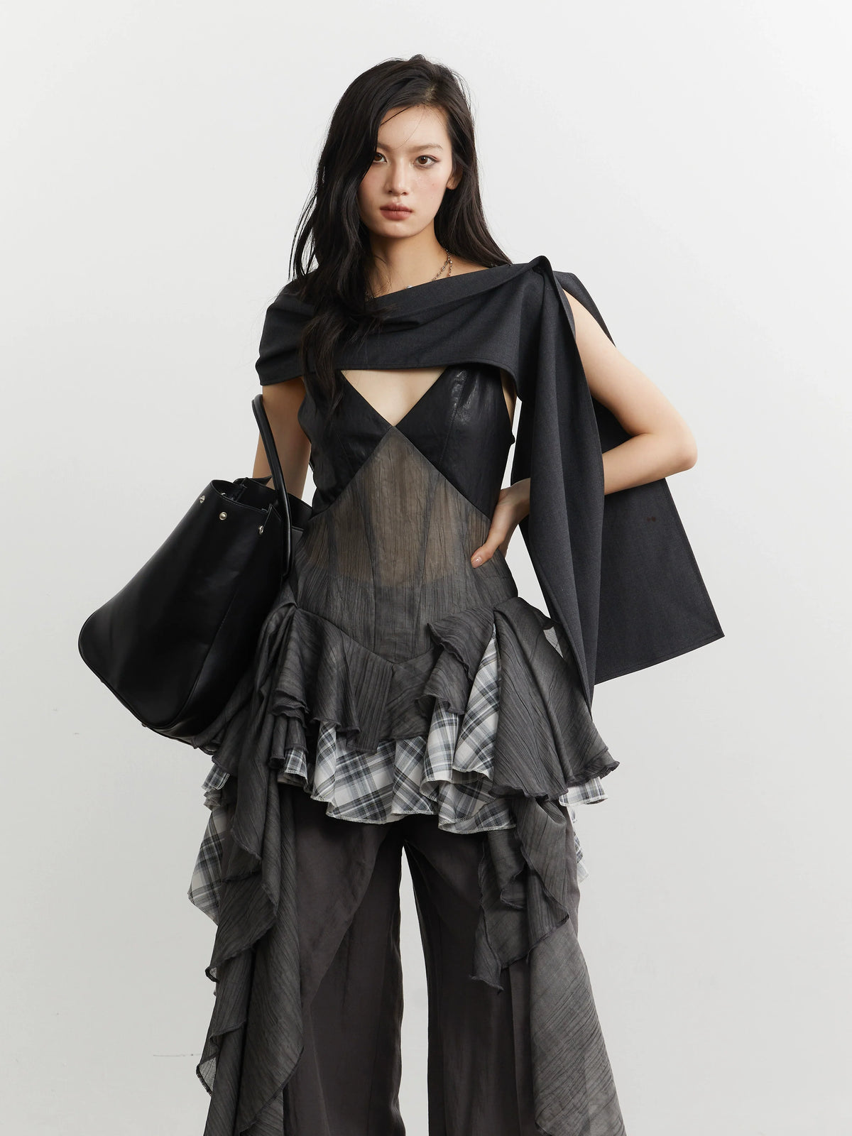 Noir Plaid Ruffle Cascade Dress