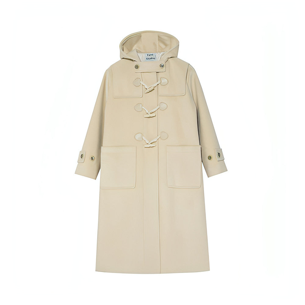 Winter Thicken College Style Hooded Mid-Length Melton Wool Coat