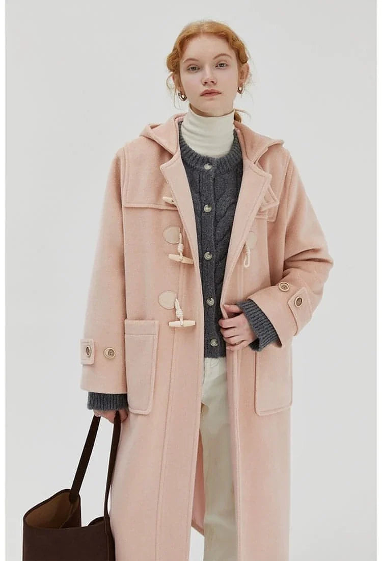 Winter Thicken College Style Hooded Mid-Length Melton Wool Coat