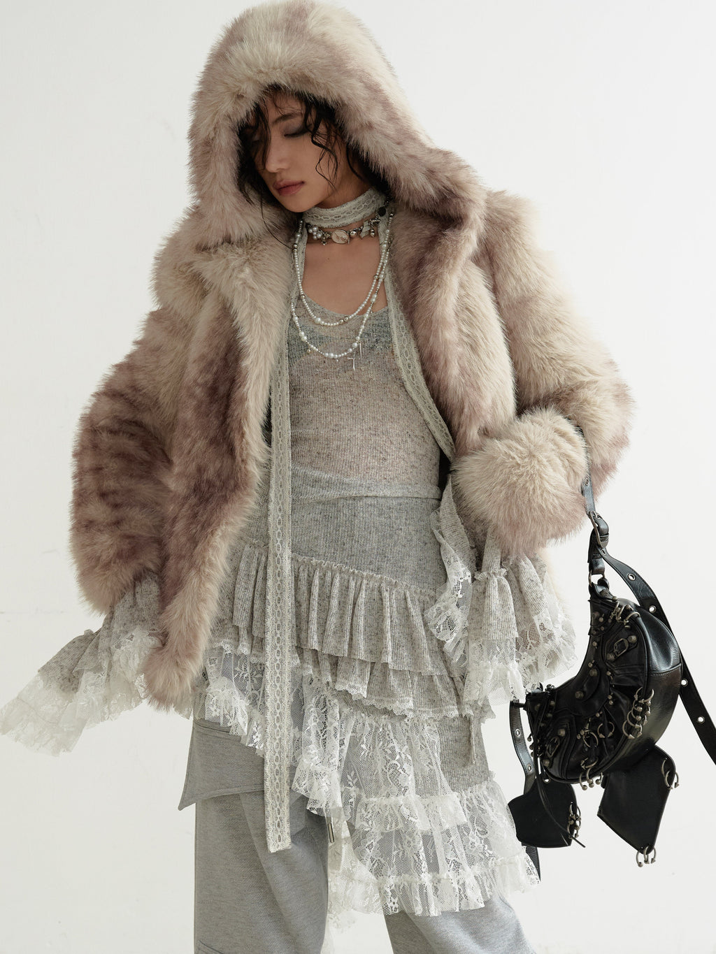 Ethereal Sheer Lace-Panel Asymmetrical Knit Dress