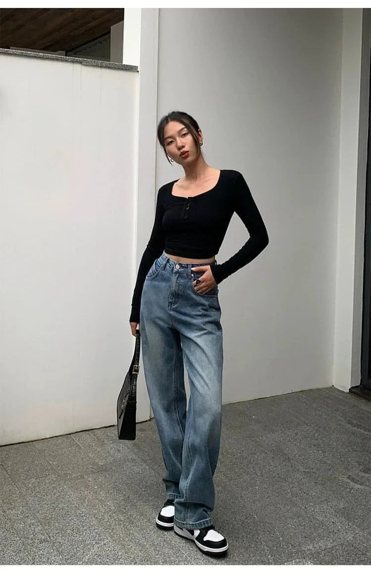 High-Waist Loose Wide-Leg Denim Jeans