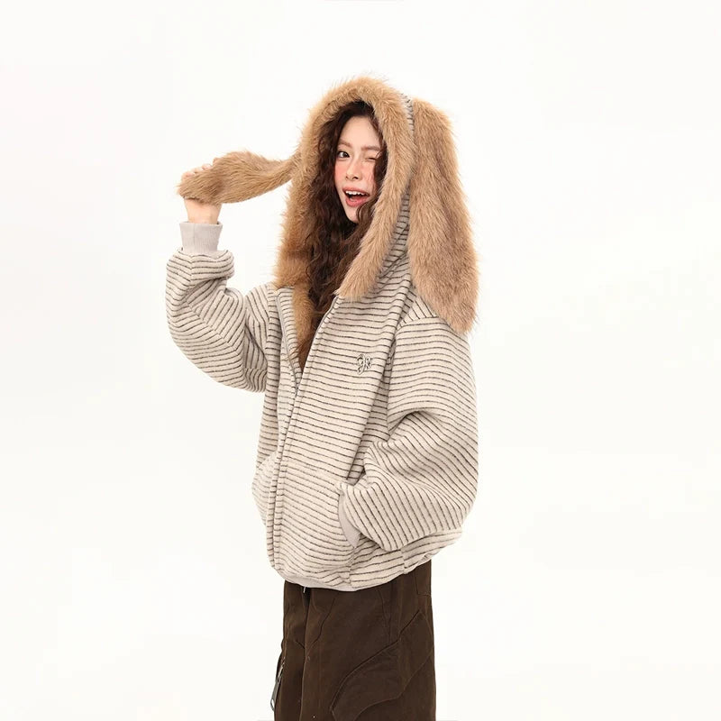 Fluffy Bunny-Ear Striped Hoodie
