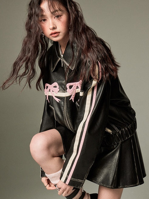 DIDDI MODA Bow-Detail Colorblock Faux-Leather Jacket