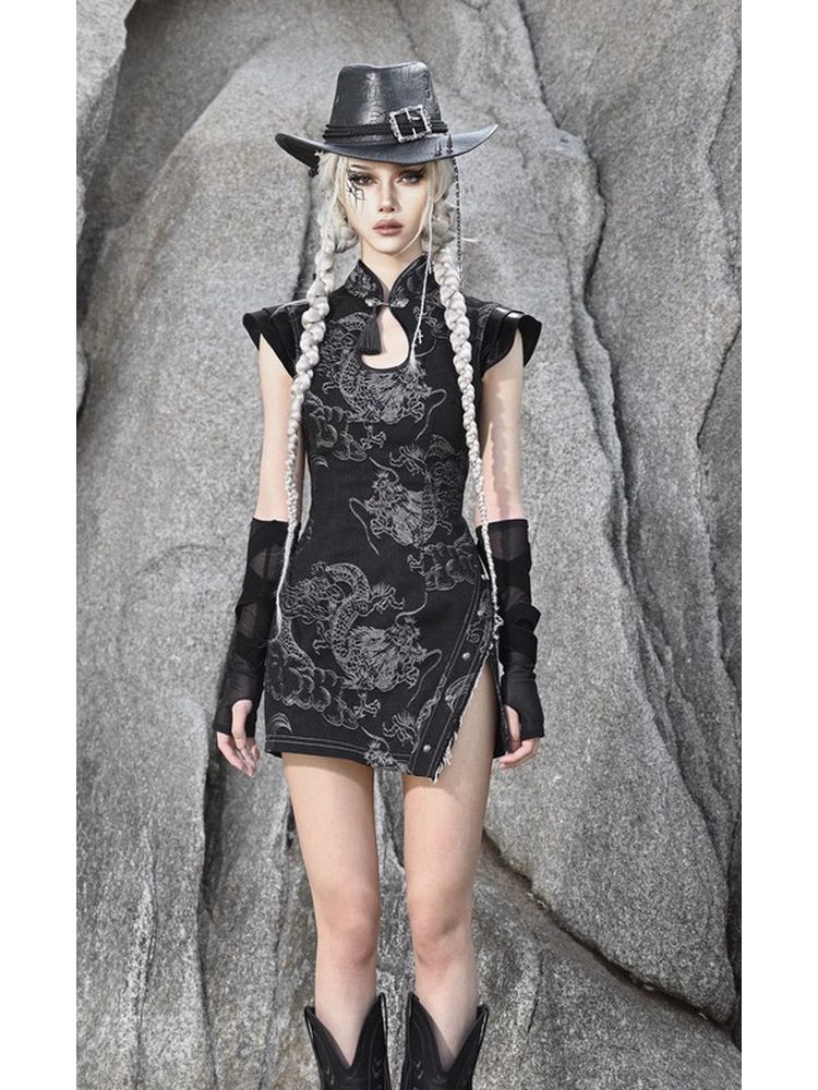 Black Floral Qipao Mini Dress