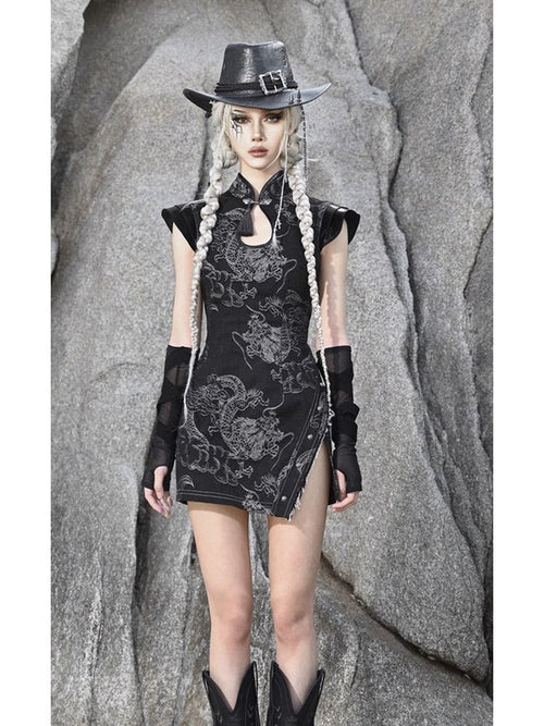 Black Floral Qipao Mini Dress