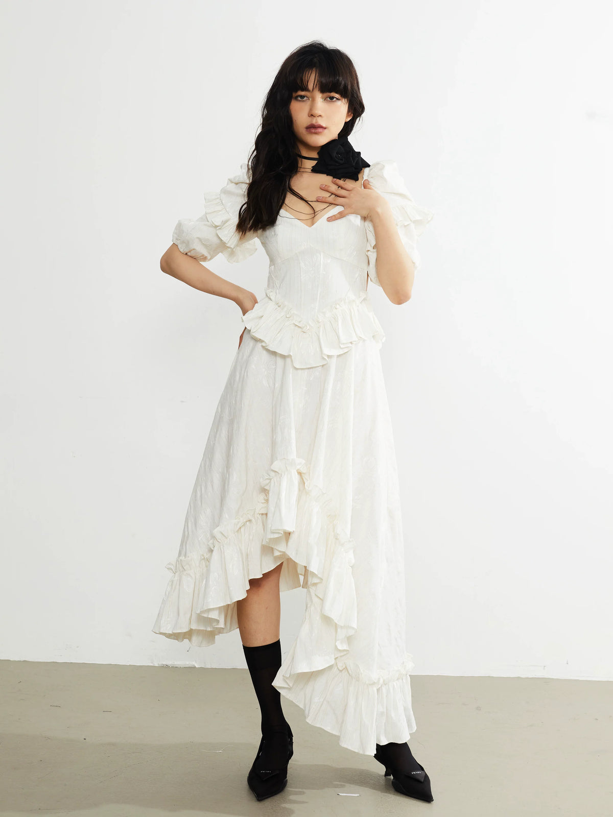 Ivory Ruffle Asymmetry Midi Dress