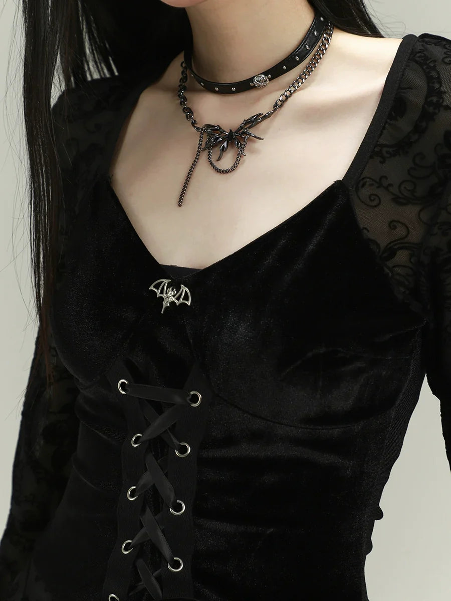 Lady Ghost Black Gothic Lace Bell-Sleeve Mini Dress