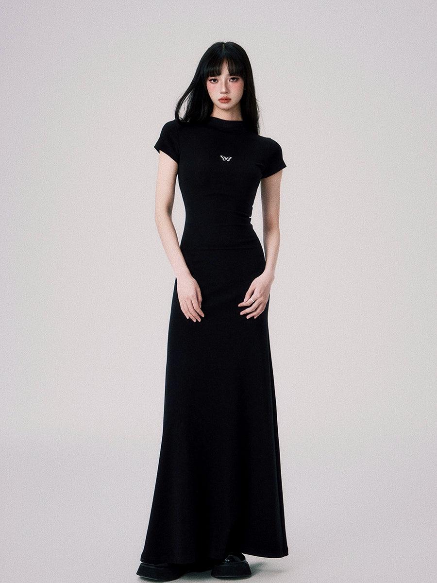 Butterfly Emblem Fitted Maxi Dress - Women'S Elegant Evening Gown