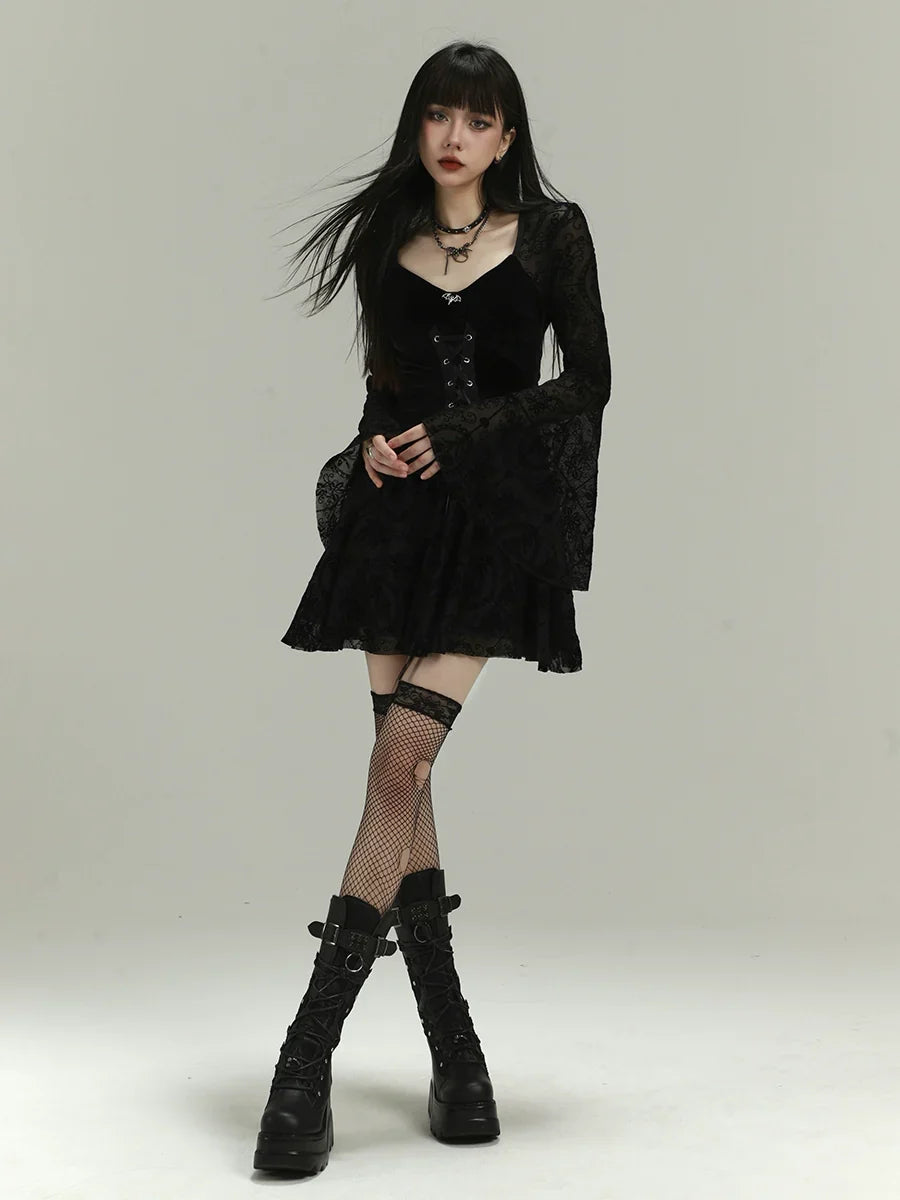 Lady Ghost Black Gothic Lace Bell-Sleeve Mini Dress