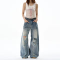 Heavy Knee Distressed Wide Leg Blue Jeans
