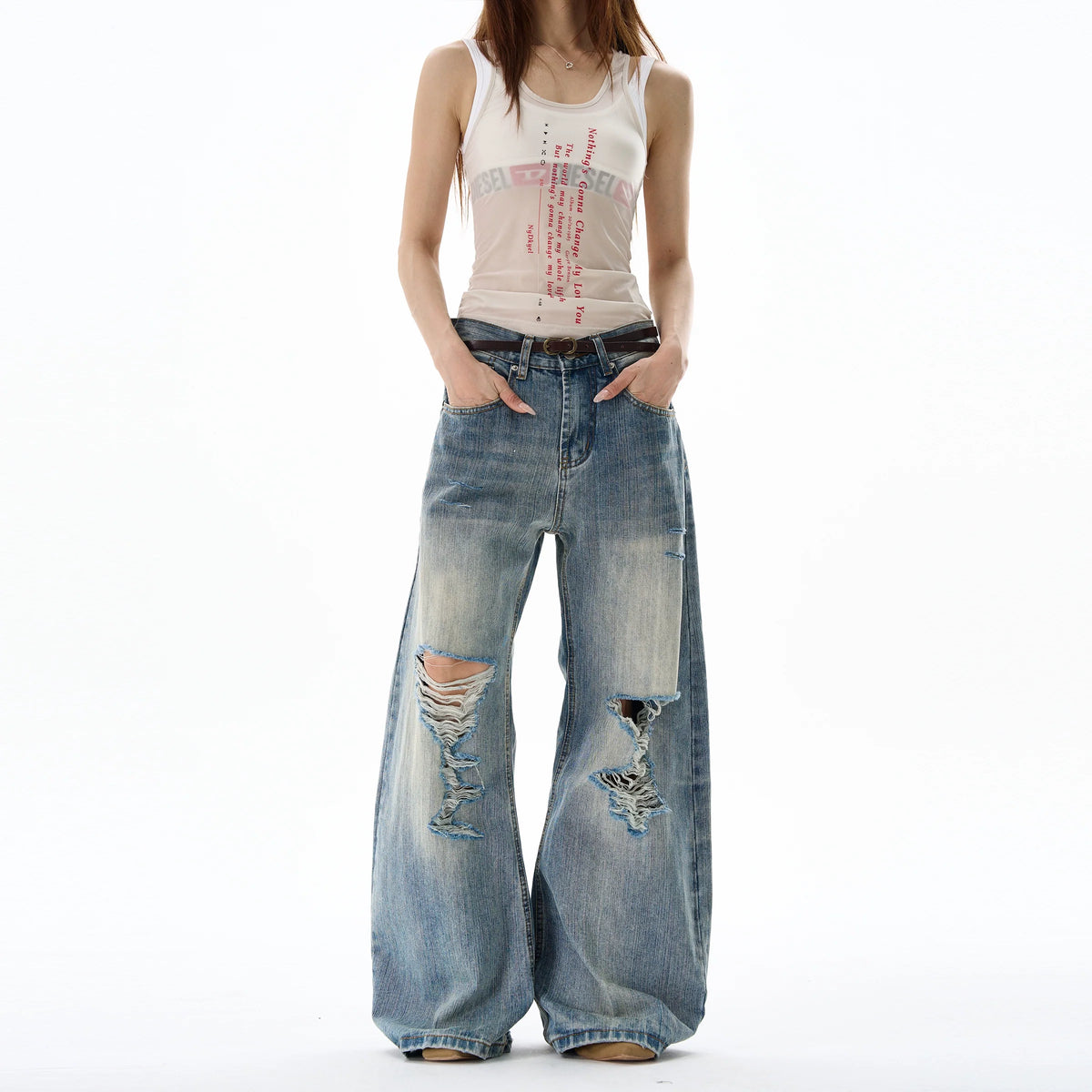 Heavy Knee Distressed Wide Leg Blue Jeans