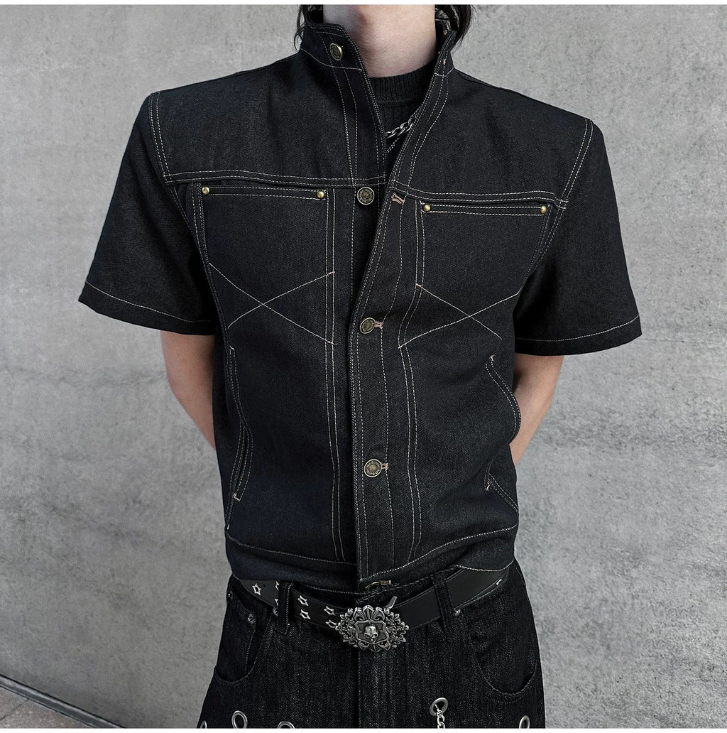 Iron Grid High-Collar Utility Denim Jacket