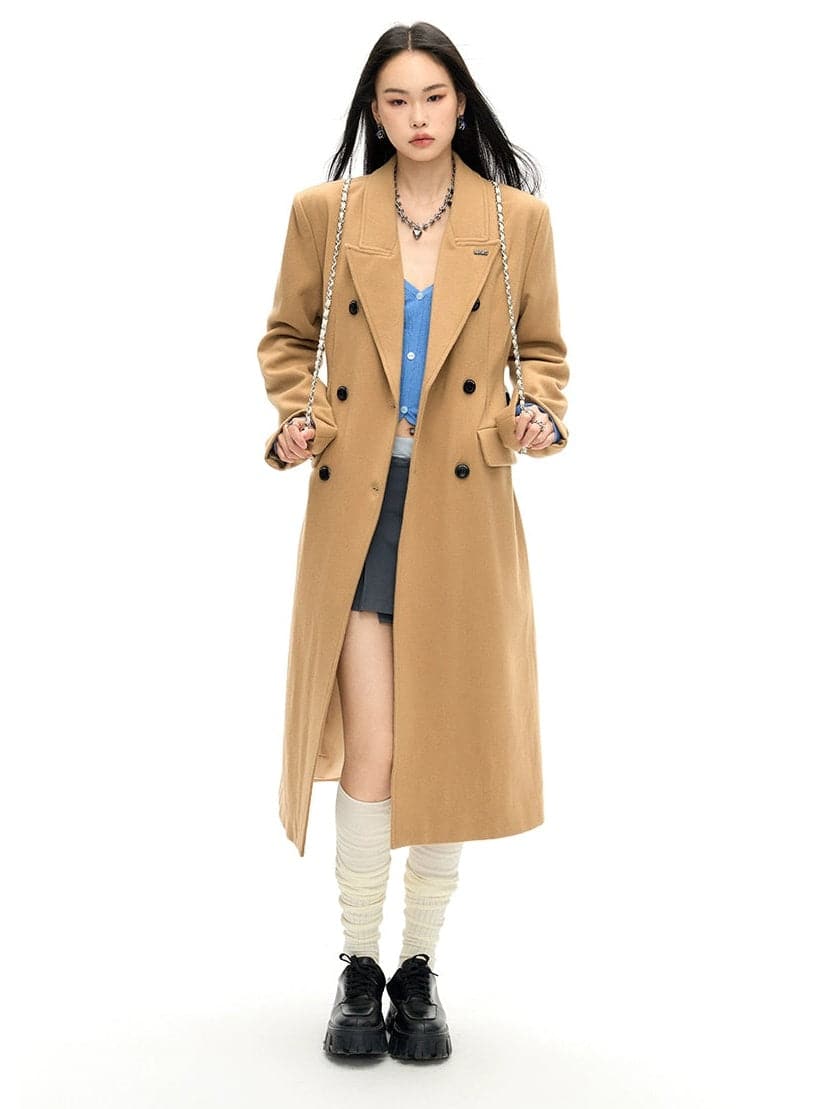 Double-Breasted Wool Long Coat - Slim Waist Tailored Winter Outerwear