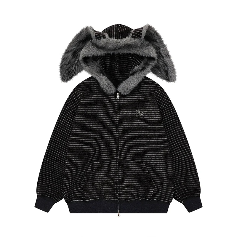 Fluffy Bunny-Ear Striped Hoodie
