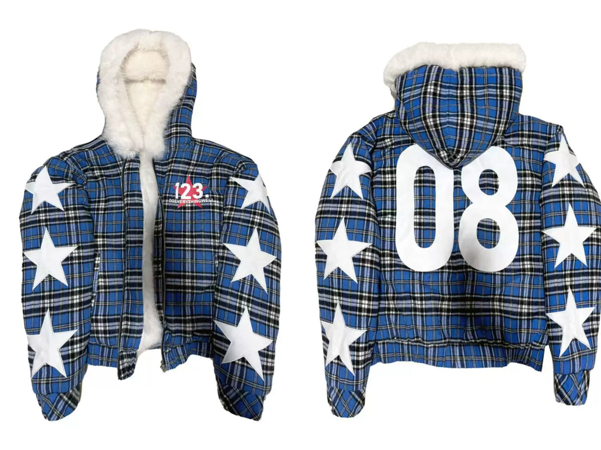 Celestial 08 Blue Plaid Star Puffer Jacket