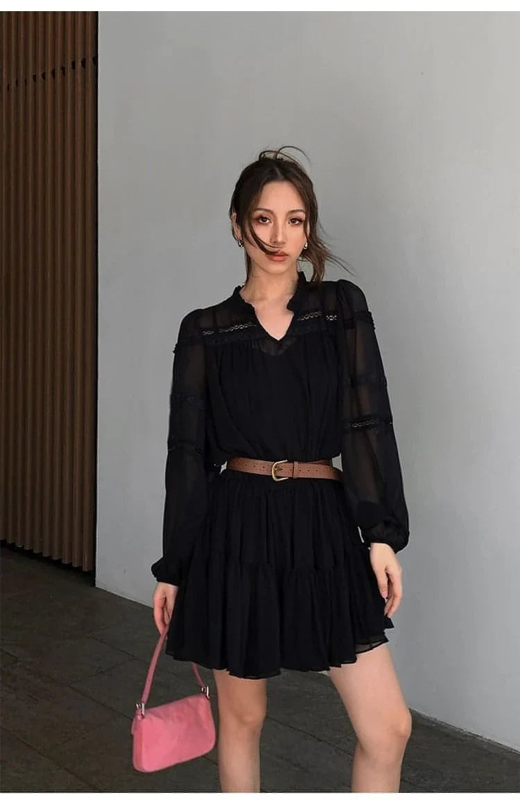 French-Style Ruffle Mini Shirt Dress