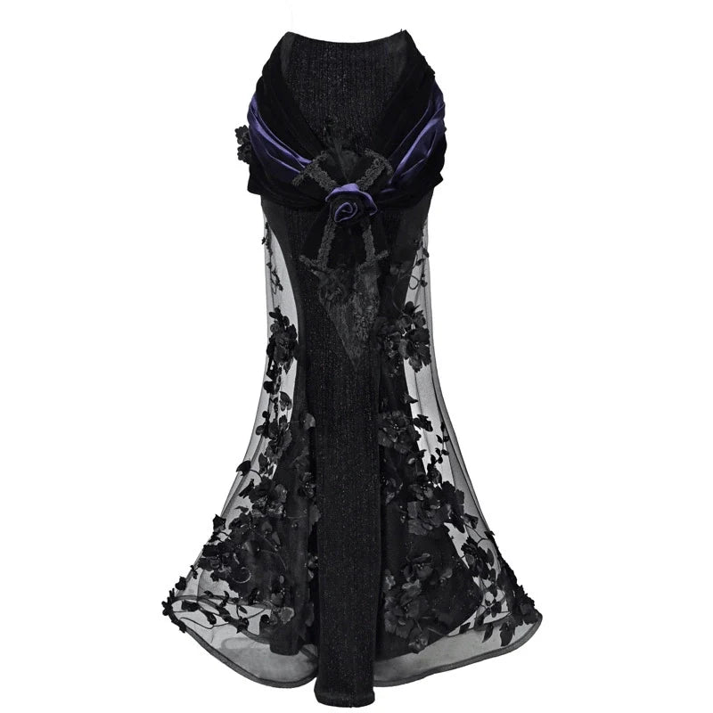Gothic Black Velvet and Sheer Floral Mermaid Skirt