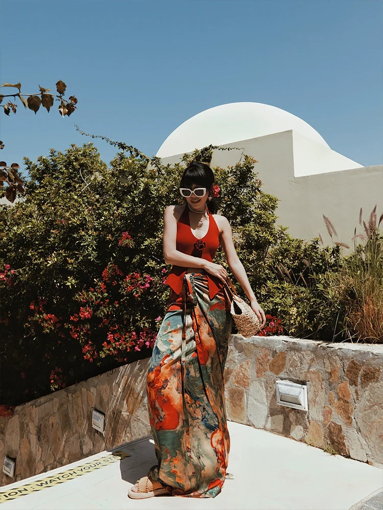 Abstract Print Tie Waist Maxi Skirt