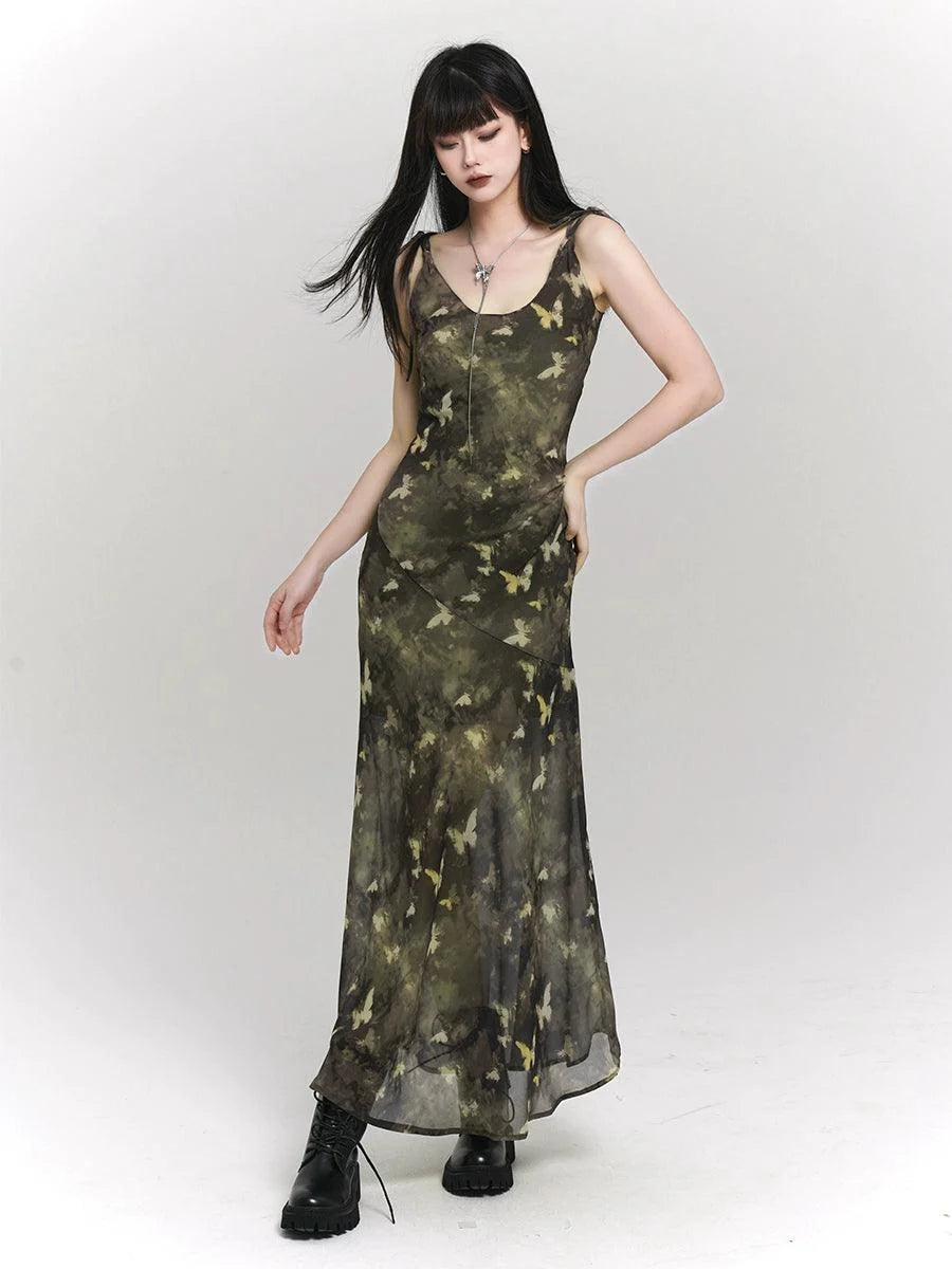 Woodland Whisper Maxi Dress - Women'S Camo-Inspired Butterfly Print Slip Dress