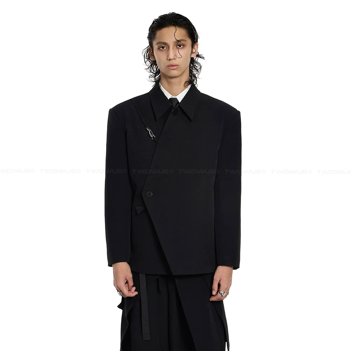 Asymmetrical Black Blazer with Safety Pin Detail