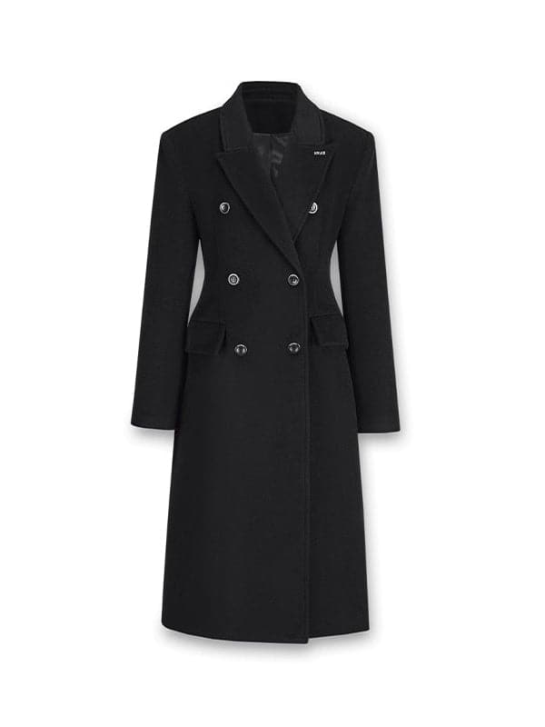 Double-Breasted Wool Long Coat - Slim Waist Tailored Winter Outerwear