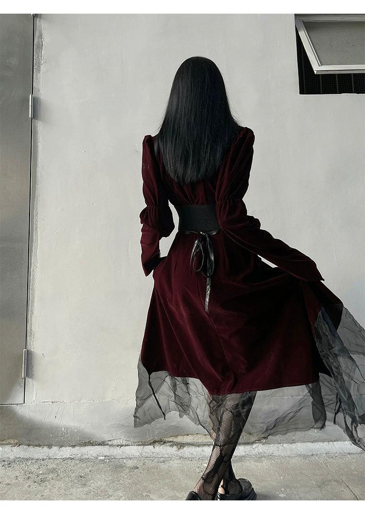 Burgundy Velvet Gothic Maxi Dress