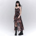 Dark Glamour Asymmetrical Maxi Dress - Women'S Sheer Floral Print Ruffle Dress With High Slit