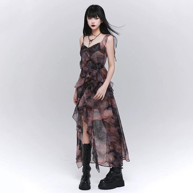 Dark Glamour Asymmetrical Maxi Dress - Women'S Sheer Floral Print Ruffle Dress With High Slit