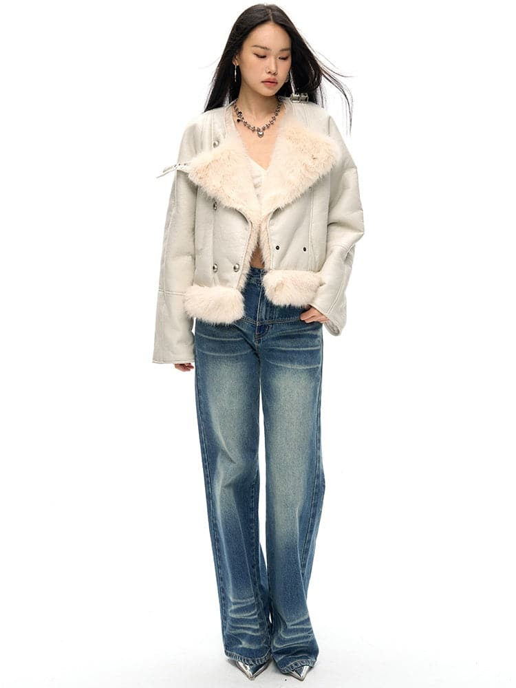 Oversized Faux Leather Jacket with Faux Fur Collar - Sustainable Vegan Outerwear
