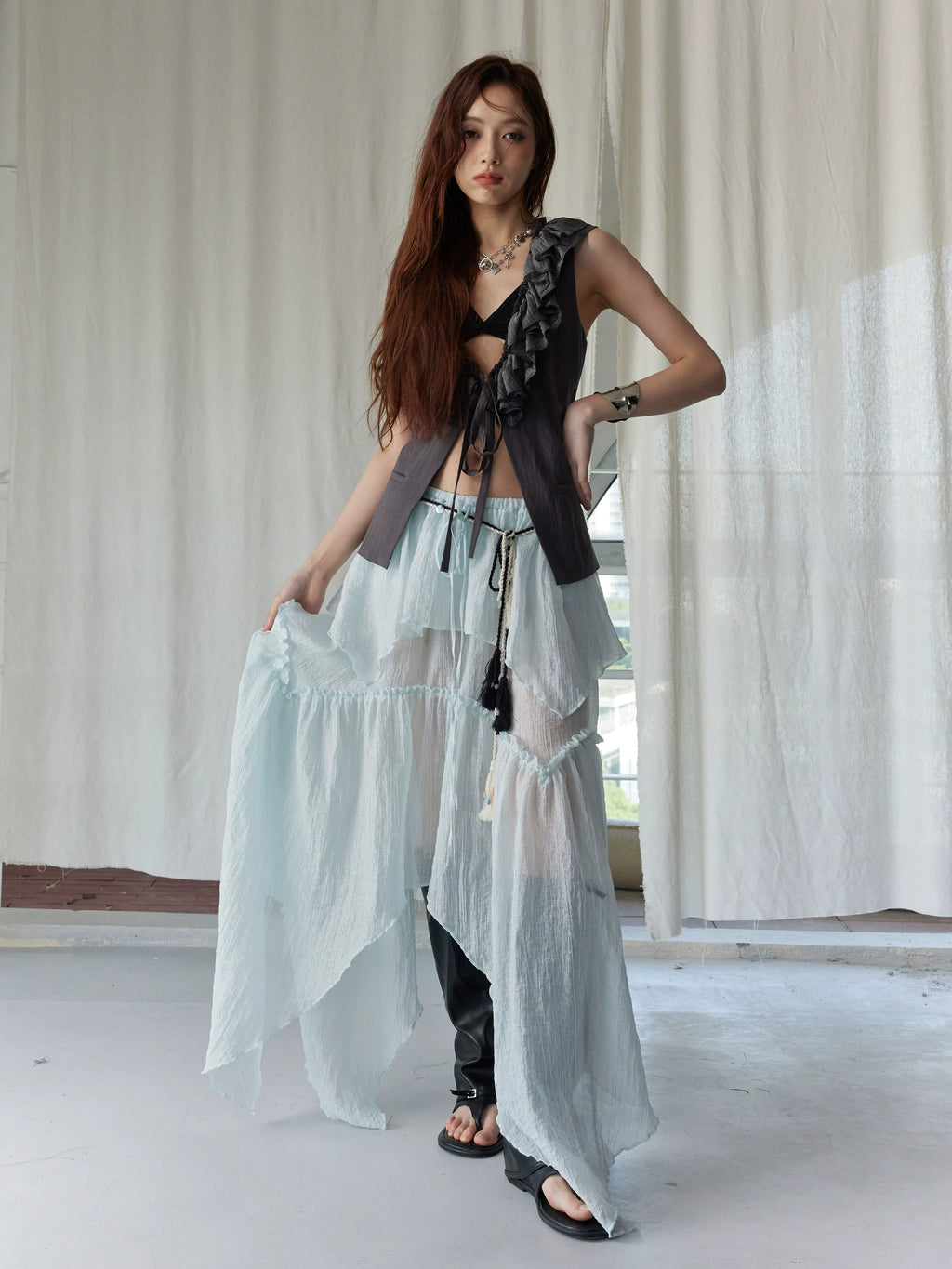 Dark Ruffle Vest & Green Layered Skirt