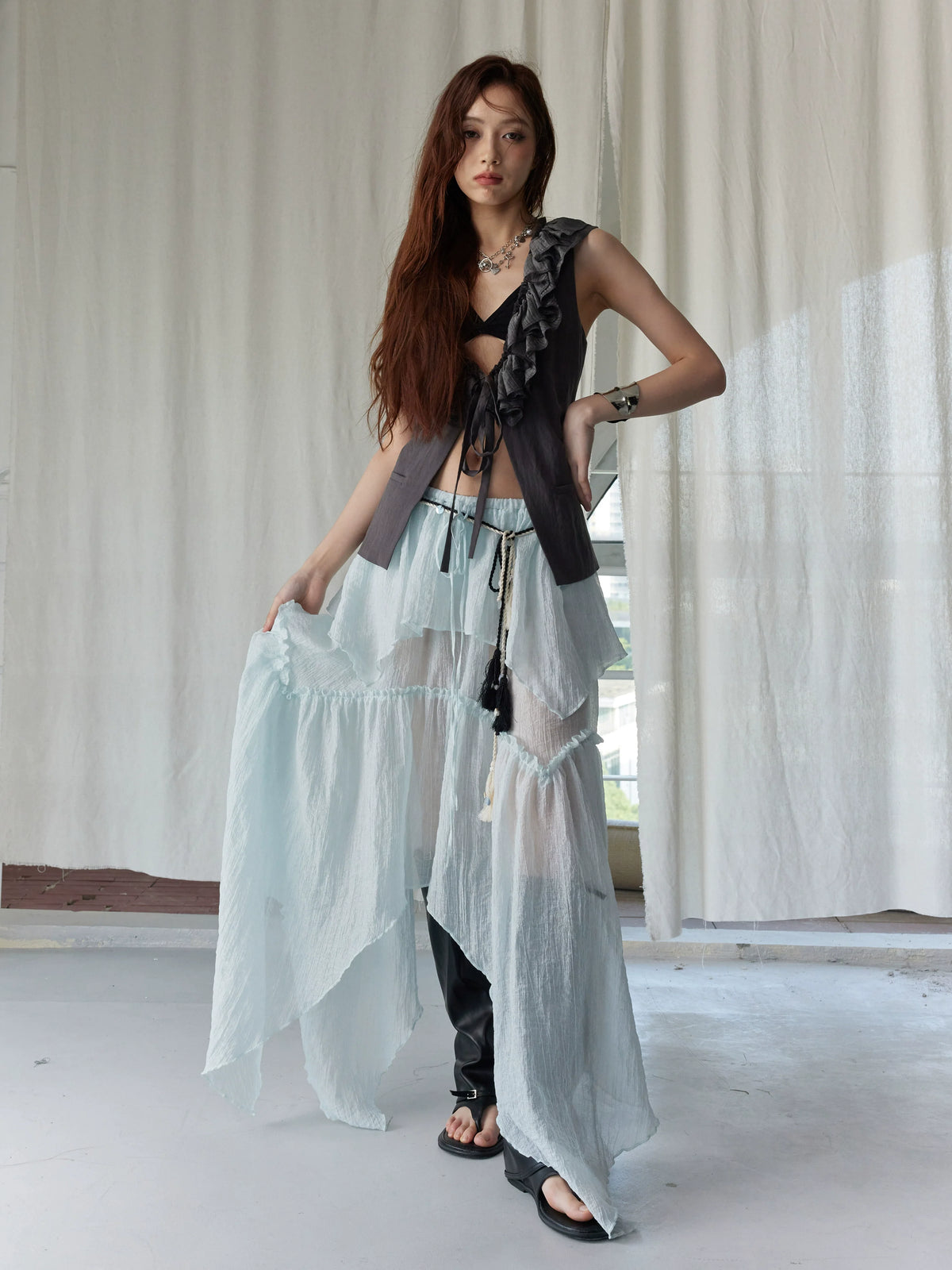 Dark Ruffle Vest & Green Layered Skirt