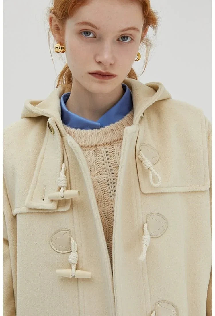 Winter Thicken College Style Hooded Mid-Length Melton Wool Coat
