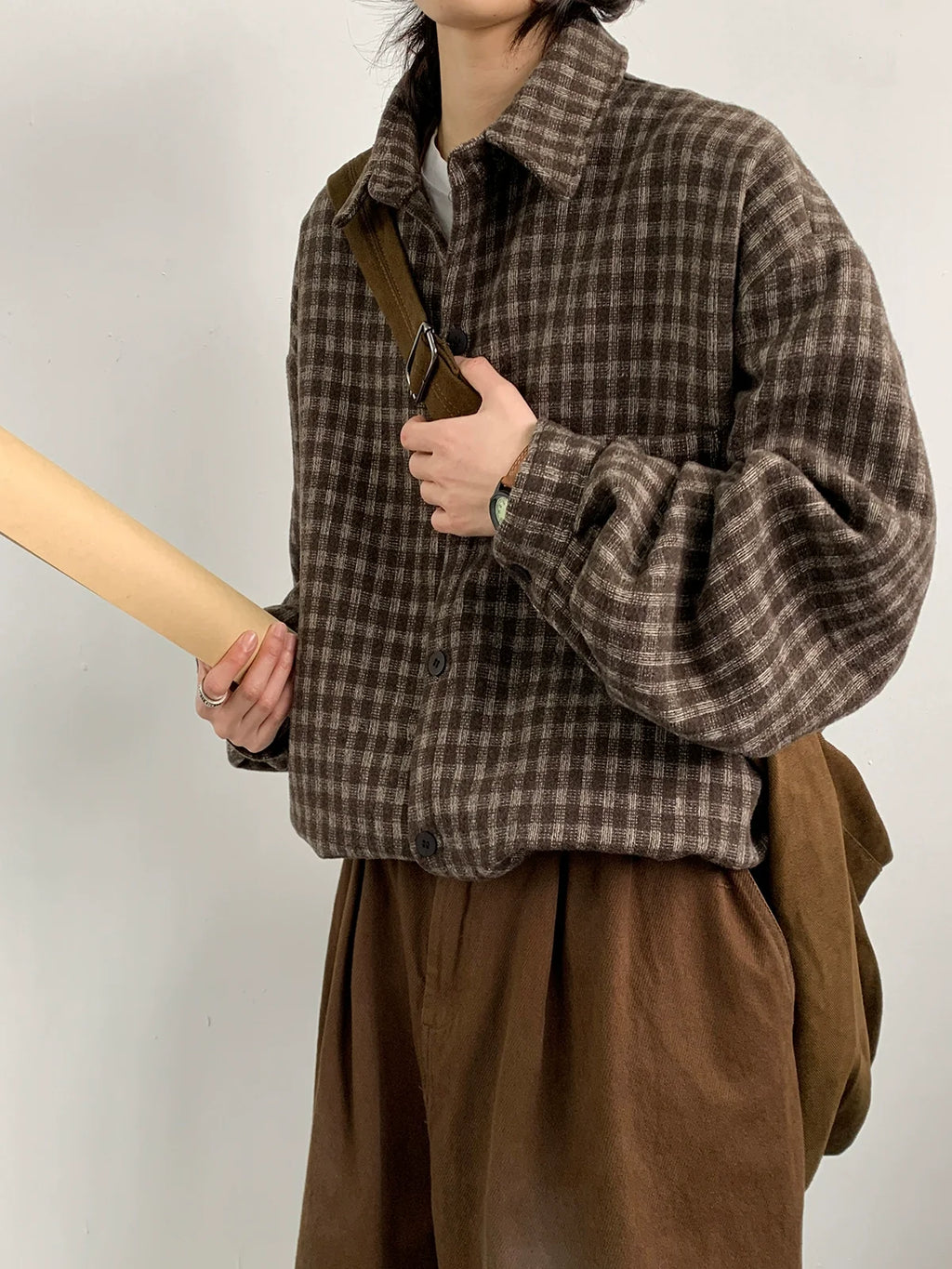 Oversized Brown Plaid Flannel Shirt
