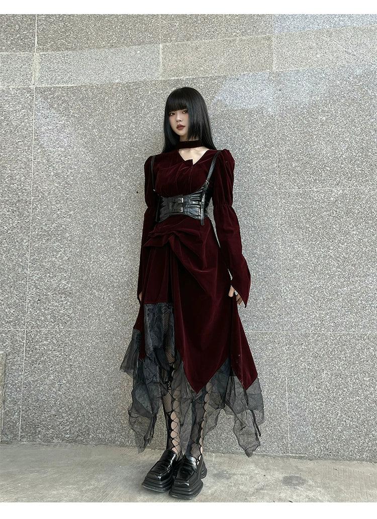 Burgundy Velvet Gothic Maxi Dress