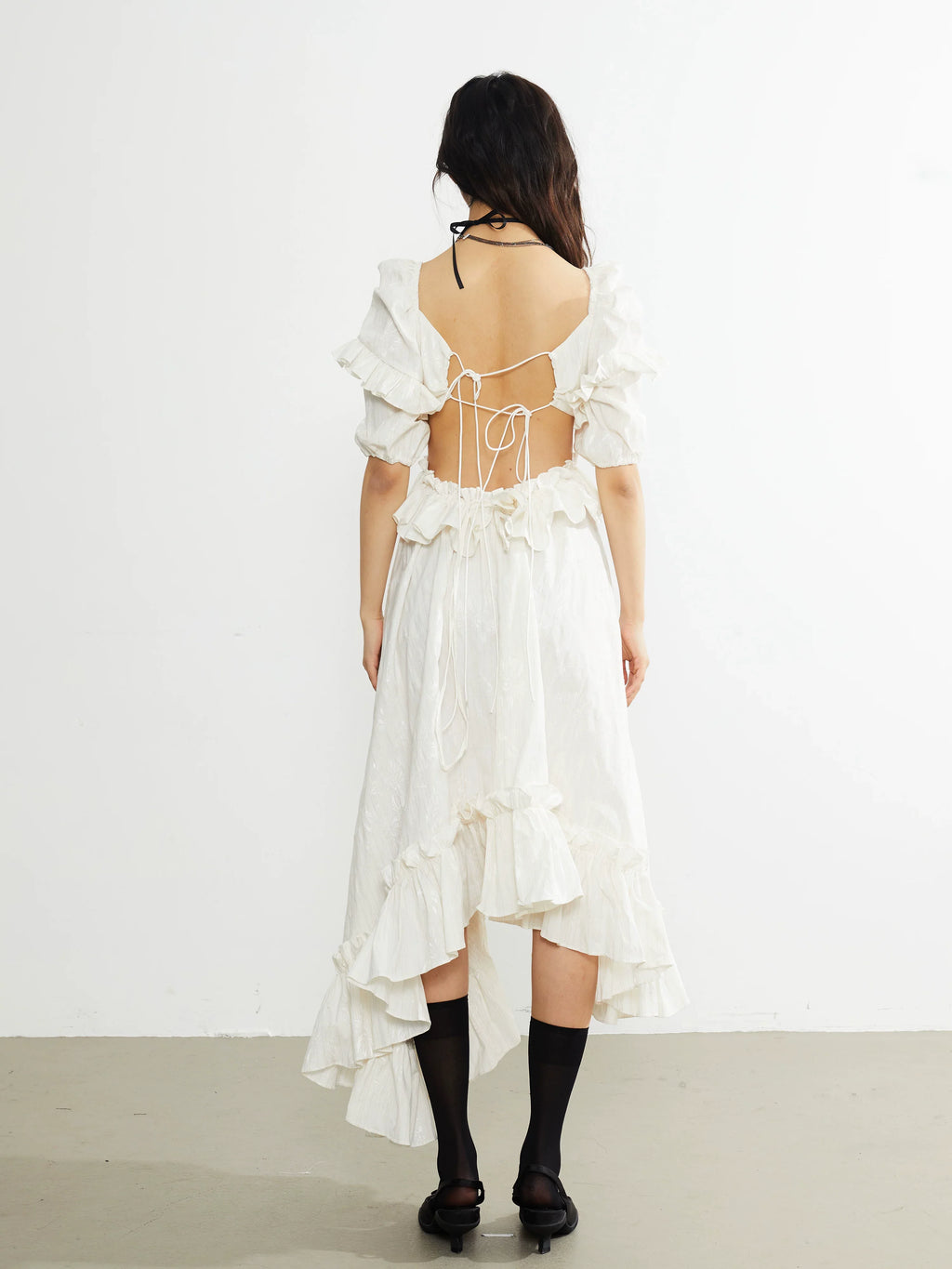 Ivory Ruffle Asymmetry Midi Dress