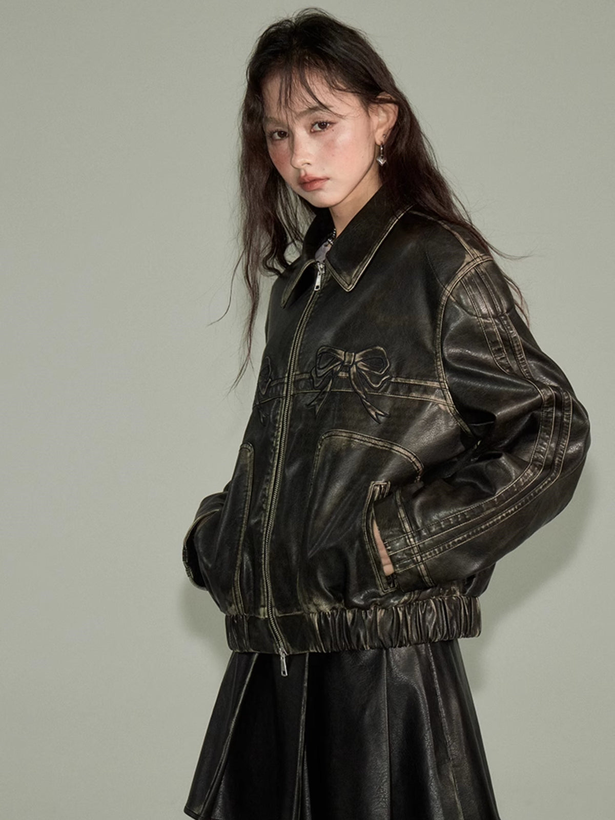 DIDDI MODA Bow-Detail Colorblock Faux-Leather Jacket