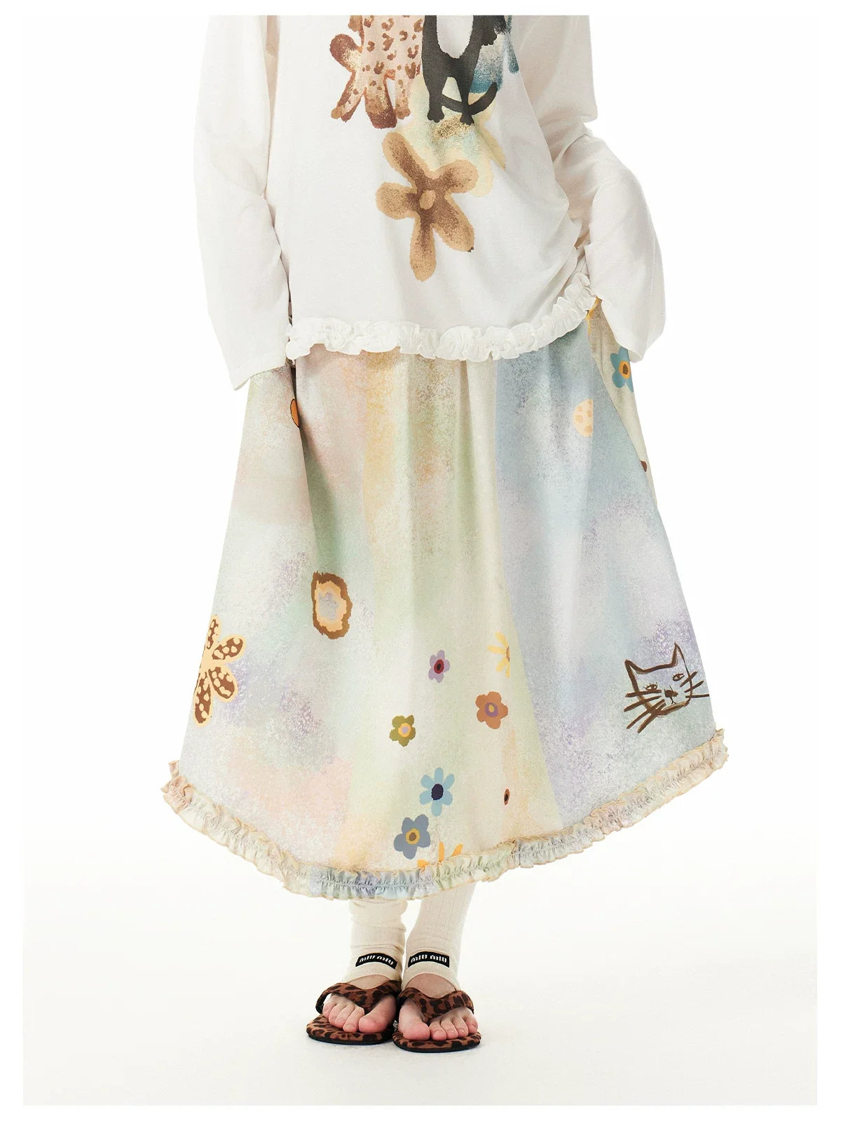 Pastel Meadow Kitty Garden Maxi Skirt