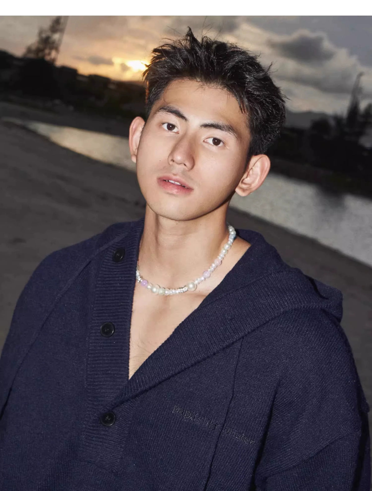 Blue Knit Hooded Henley Sweater