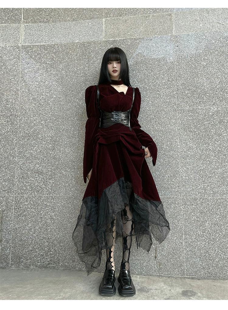 Burgundy Velvet Gothic Maxi Dress