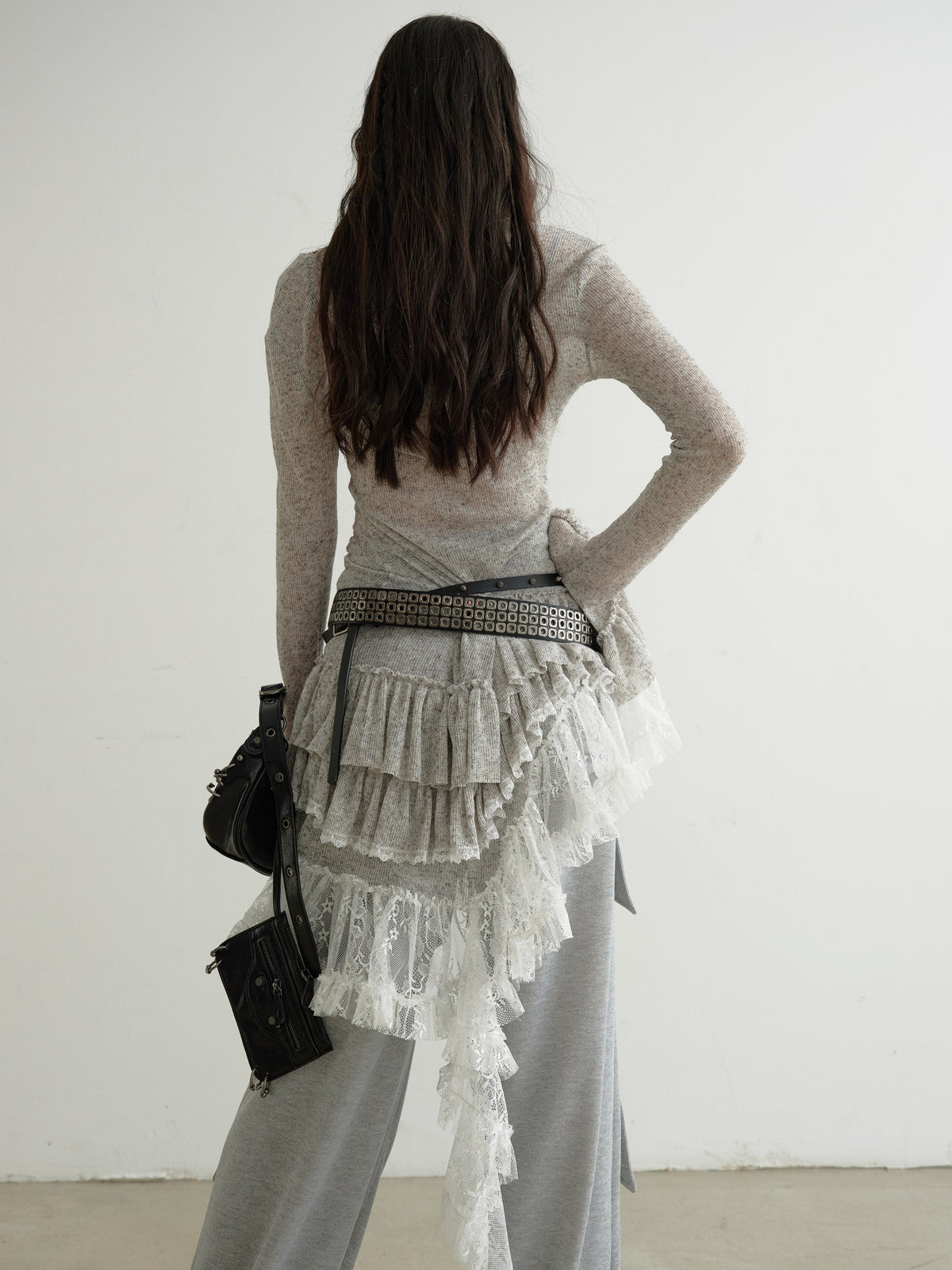 Ethereal Sheer Lace-Panel Asymmetrical Knit Dress