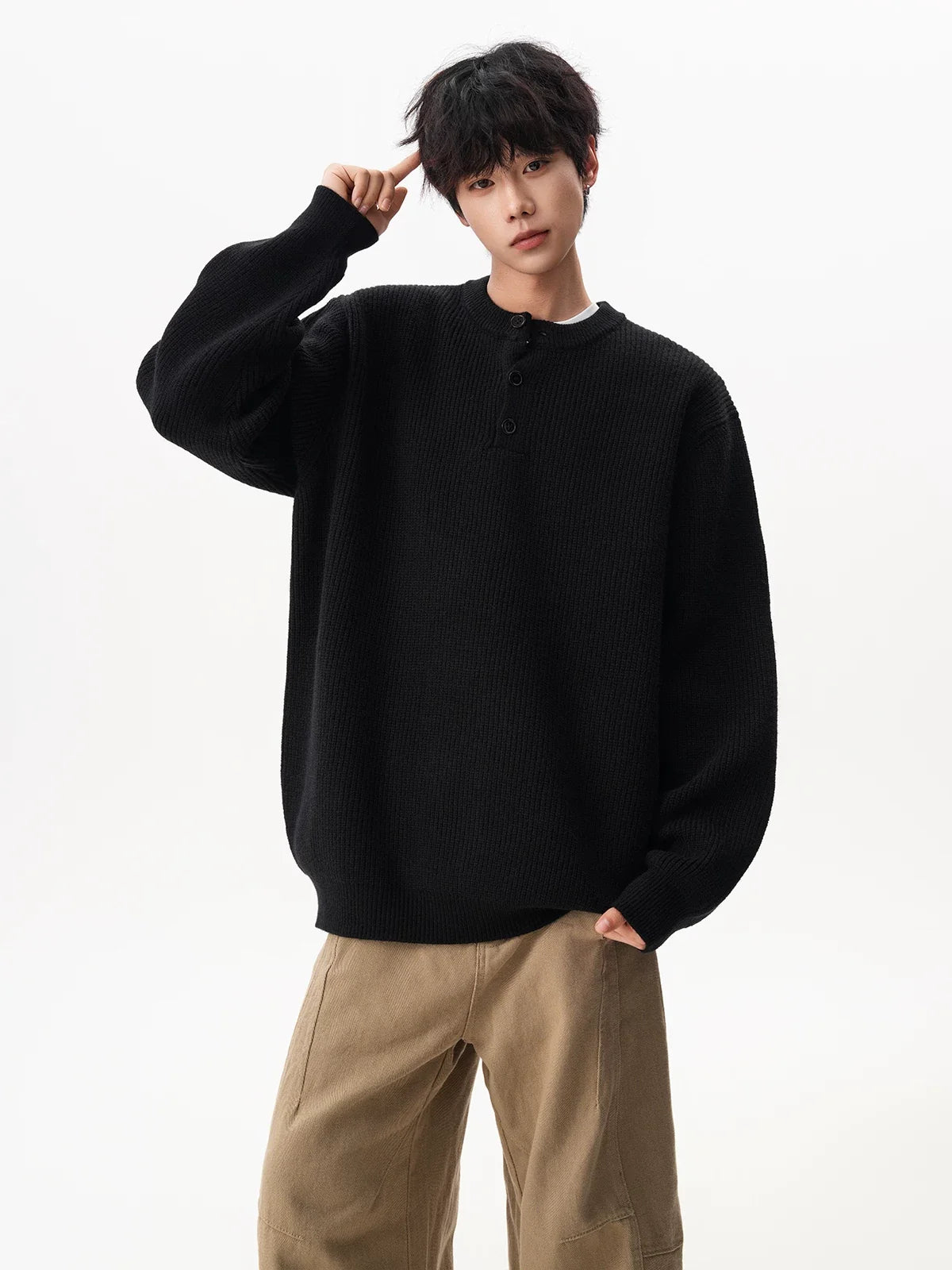 Waffle Henley Knit Sweater