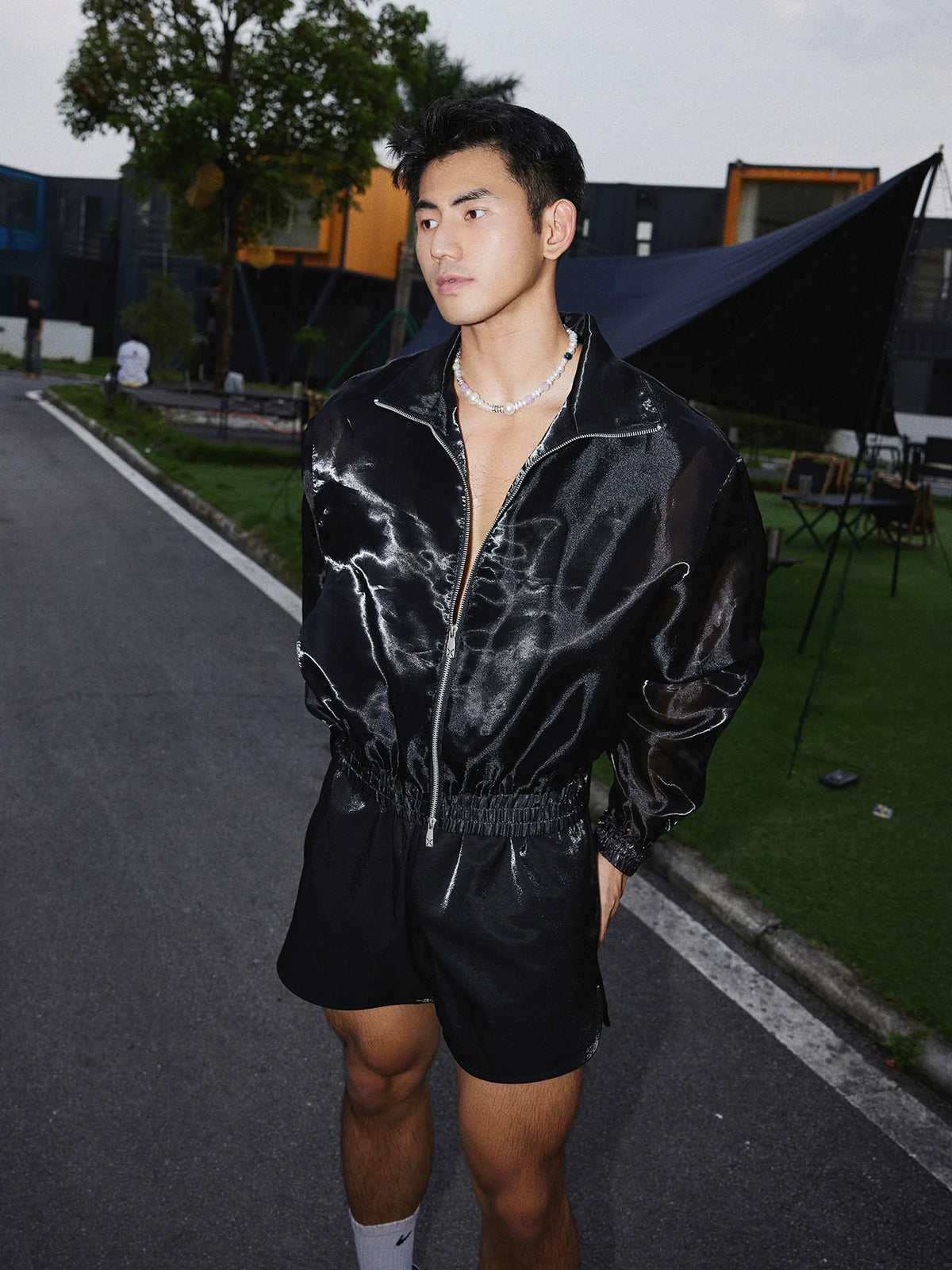 Black Glossy Zip Up Jacket and Short