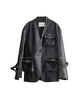 Vintage Pu Leather 3D Pocket No-Collar Jacket