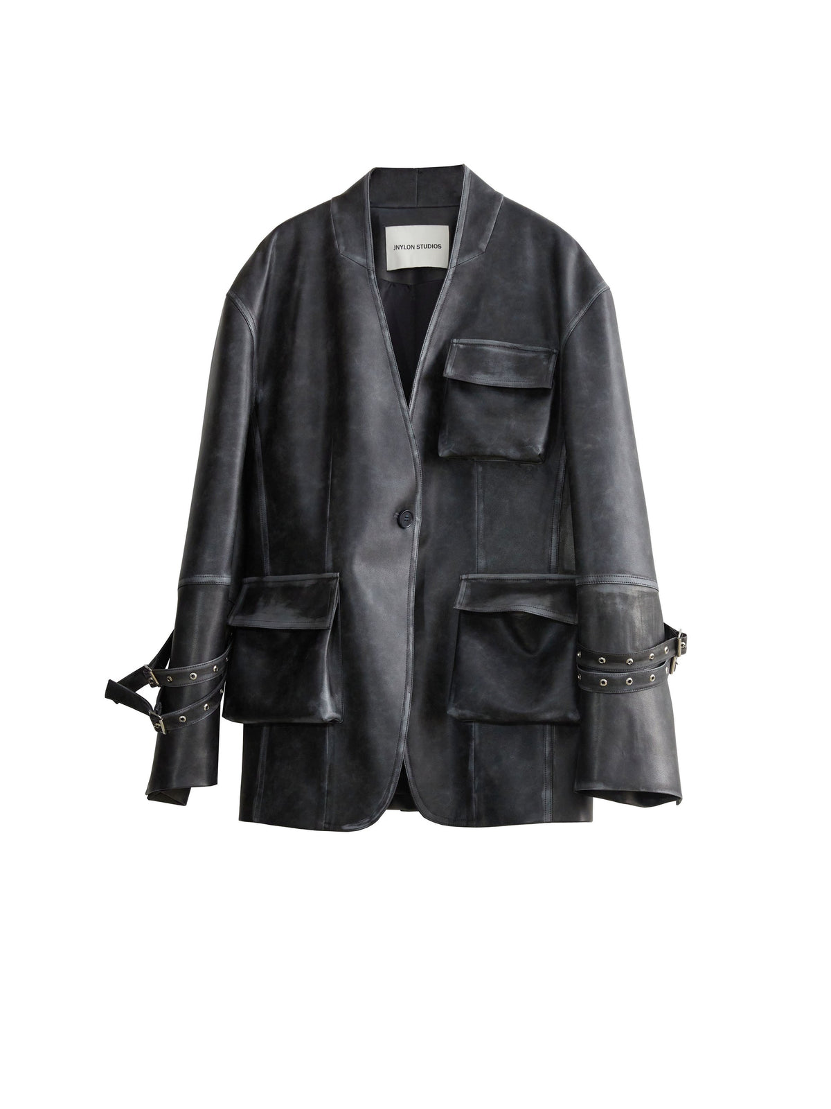 Vintage Pu Leather 3D Pocket No-Collar Jacket