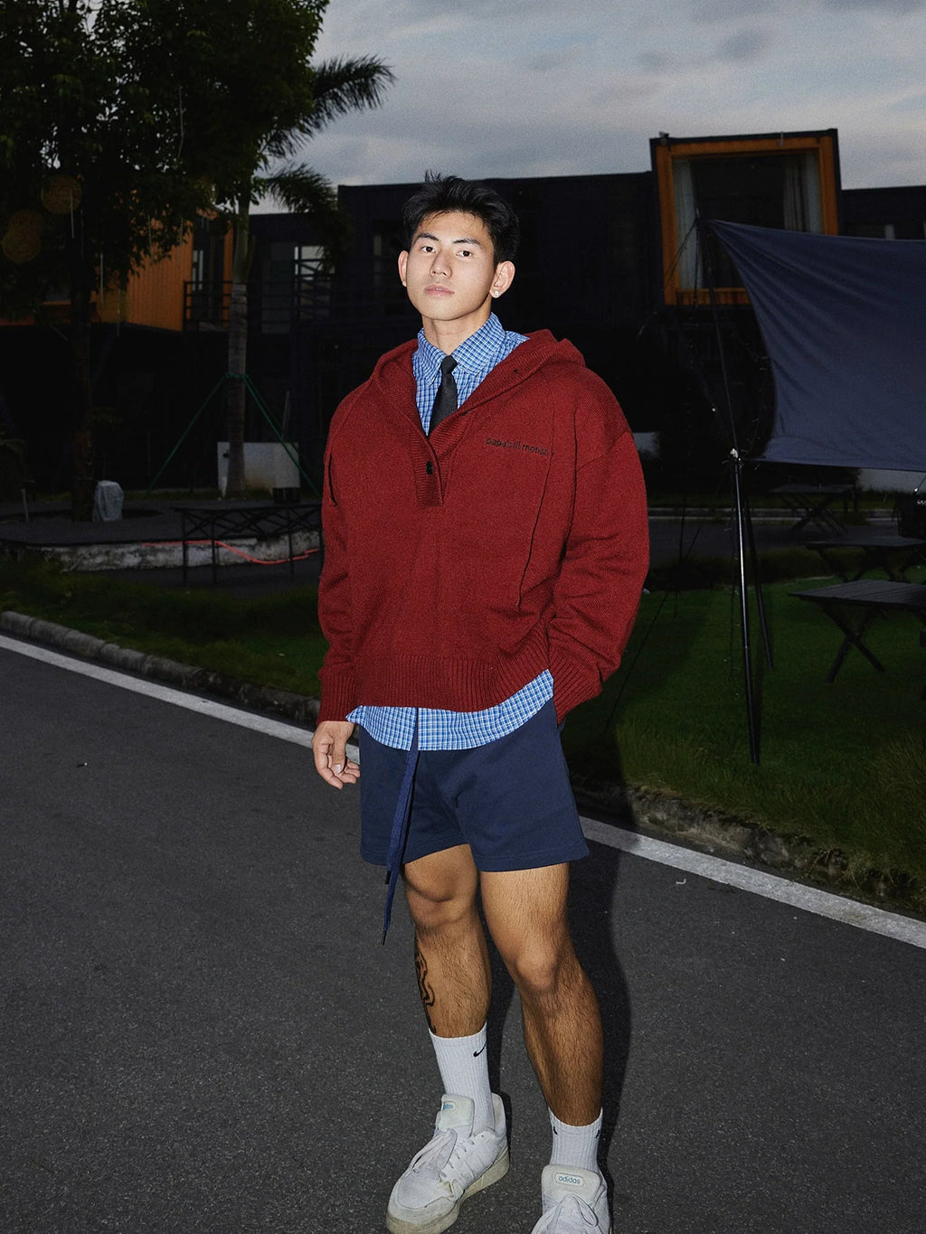 Blue Knit Hooded Henley Sweater