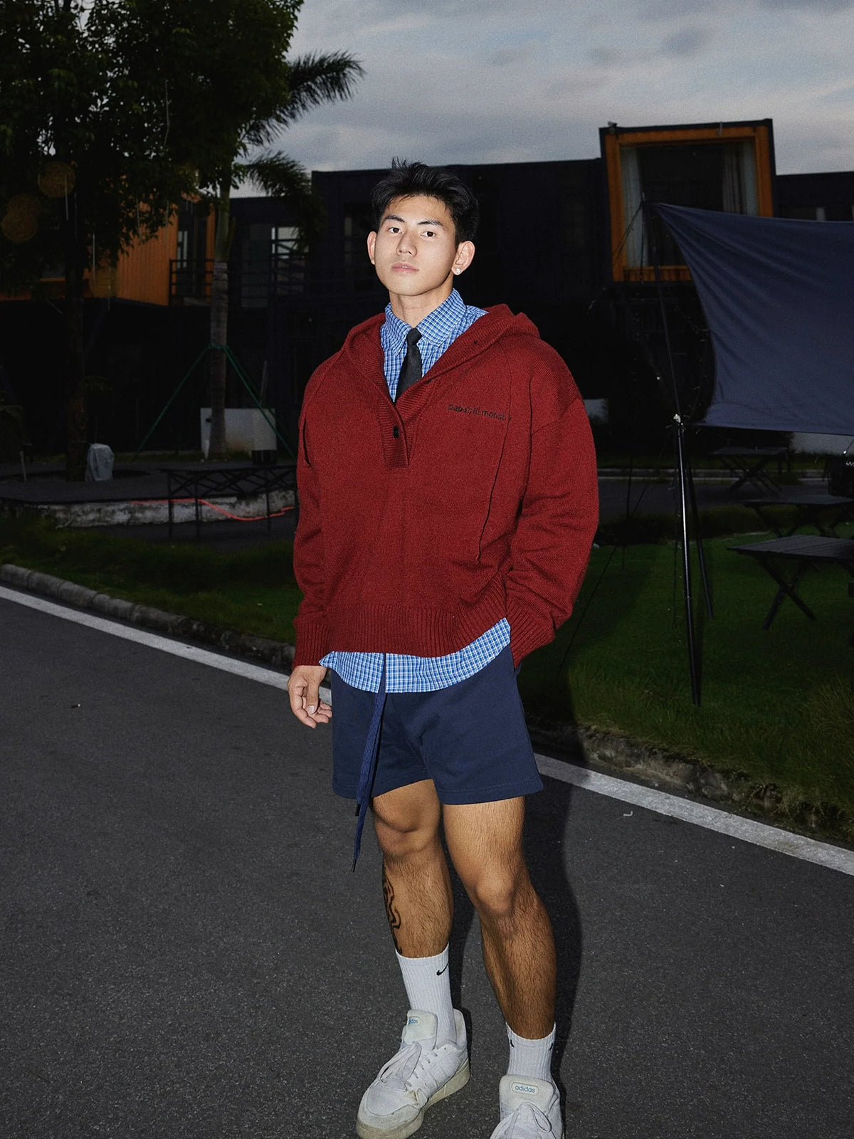 Blue Knit Hooded Henley Sweater